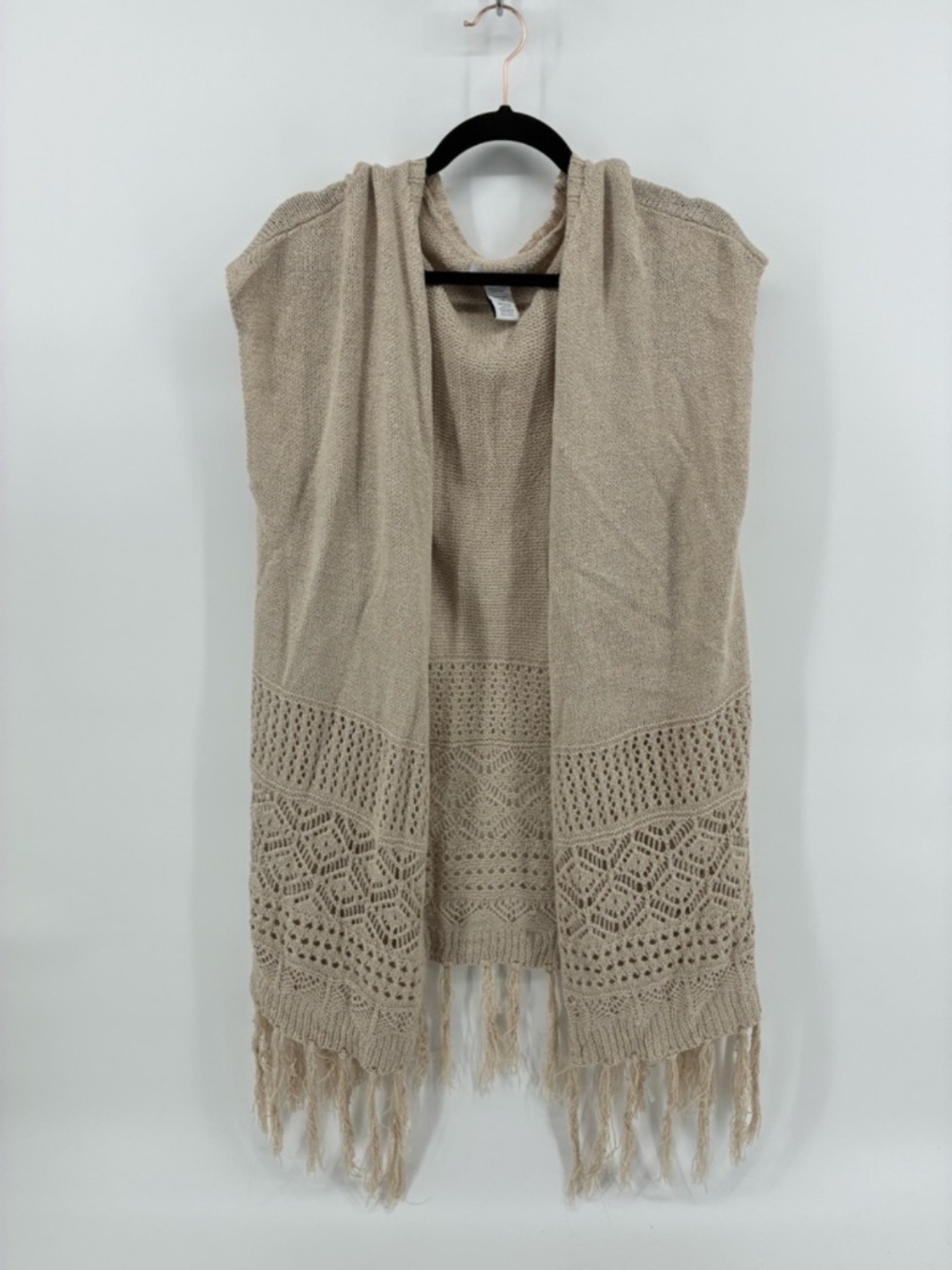Beige Knit Fringe Open Cardigan Vest